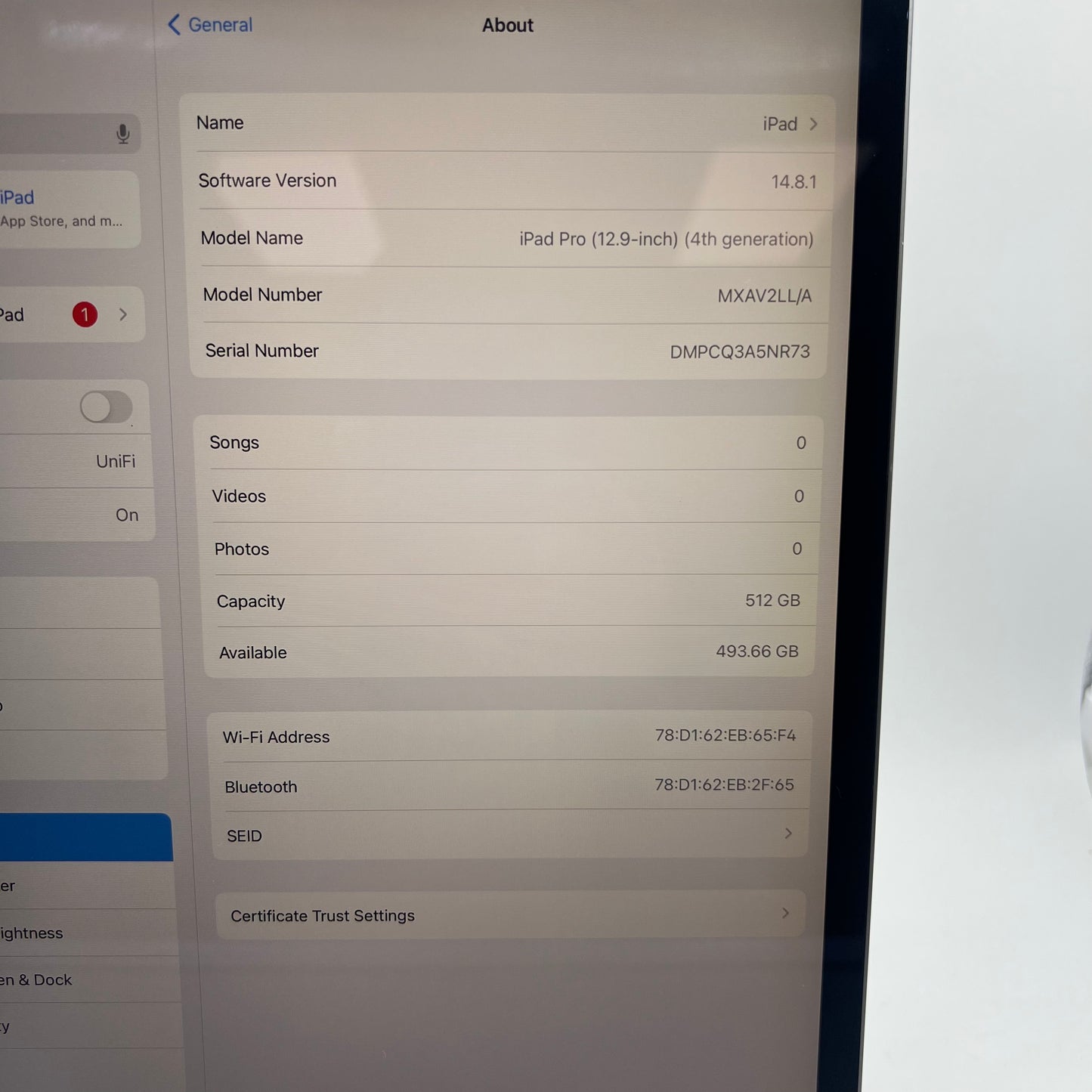 WiFi Only Apple iPad Pro 12.9" 4th Gen 512GB SPACE GRAY A2229