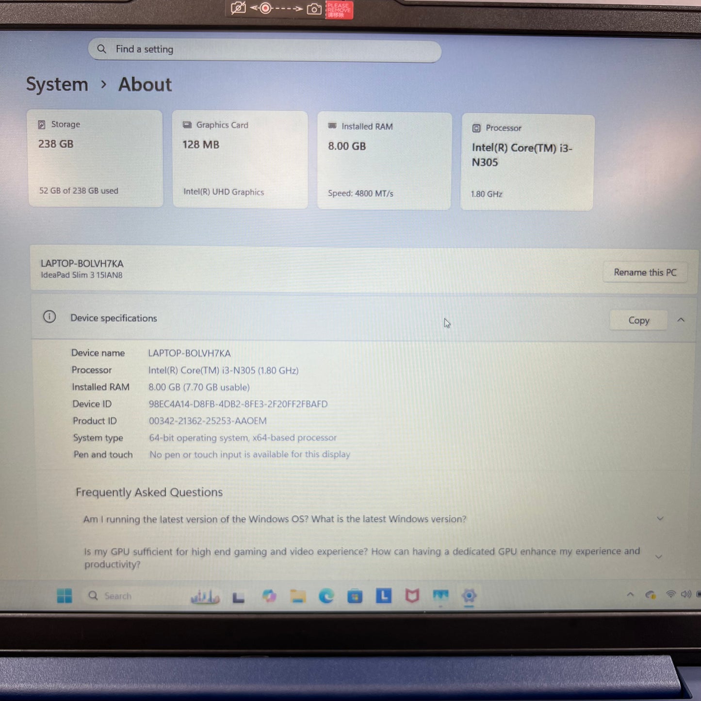Lenovo IdeaPad i3-N305 1.8GHz 8GB RAM 256GB SSD