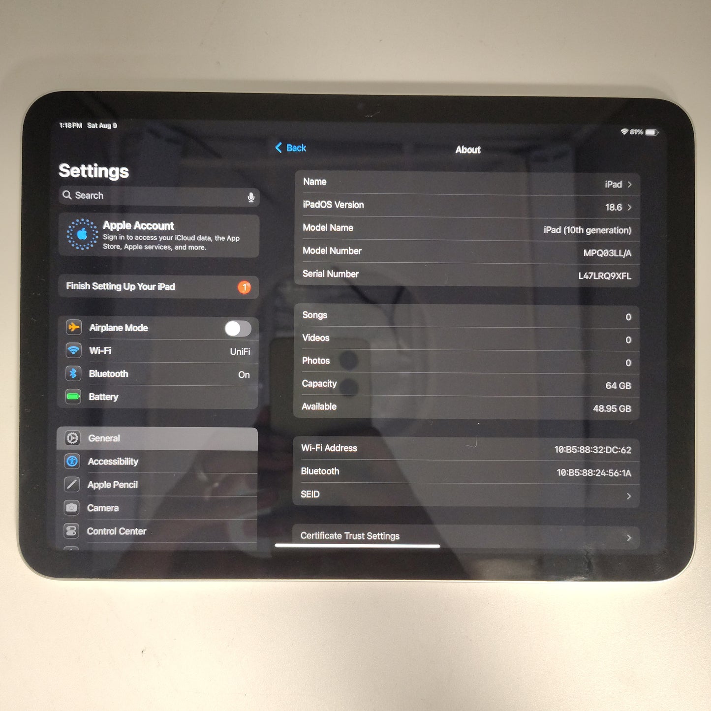 WiFi Only Apple iPad 10th Gen 64GB 18.6 SILVER MPQ03LL/A