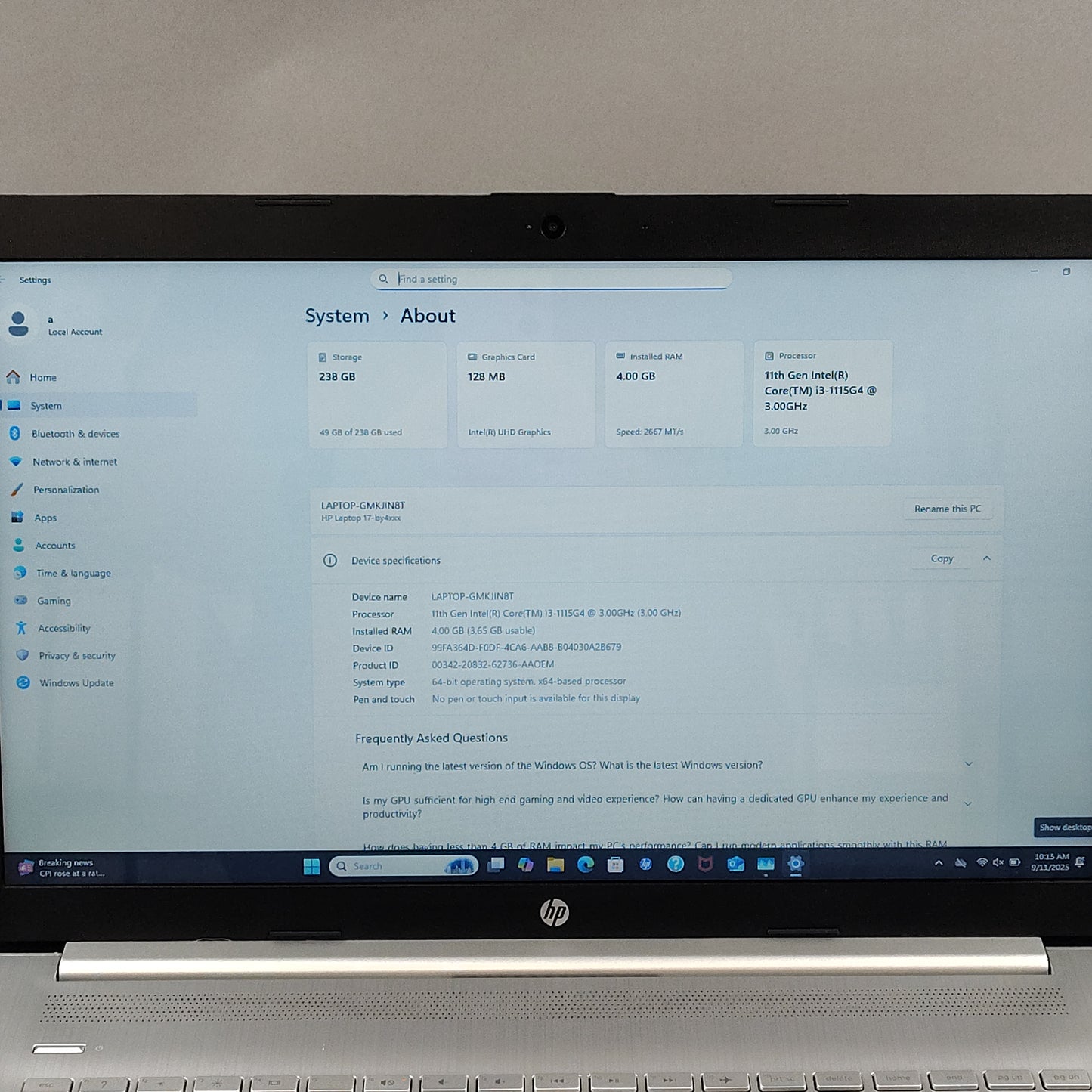HP Laptop 17-BY0071CL 15.6" i3-1115G4 3.0GHz 4GB RAM 250GB SSD
