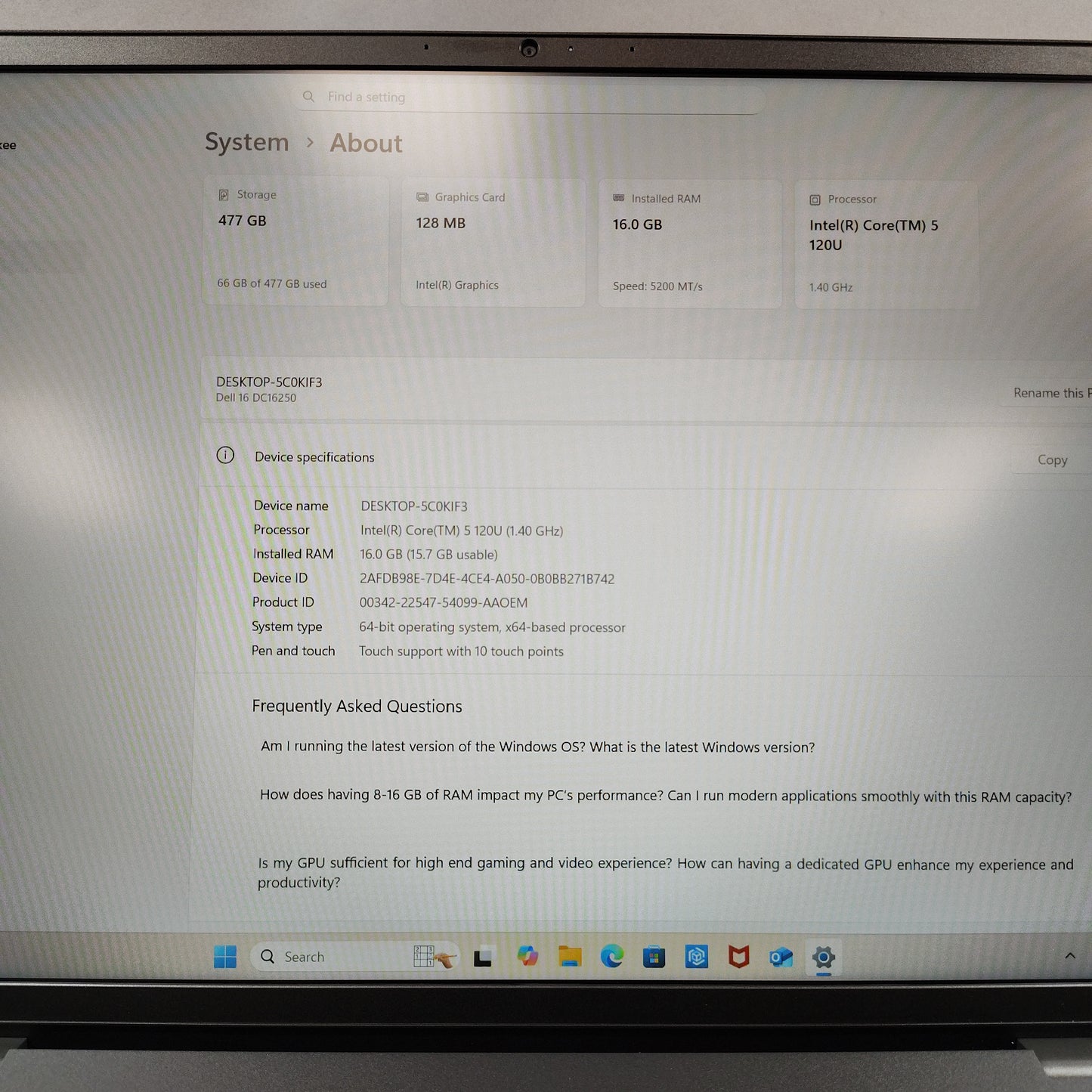 Dell G16 KDI64910075 16" 5-120u 1.4GHz 16GB RAM 500GB SSD