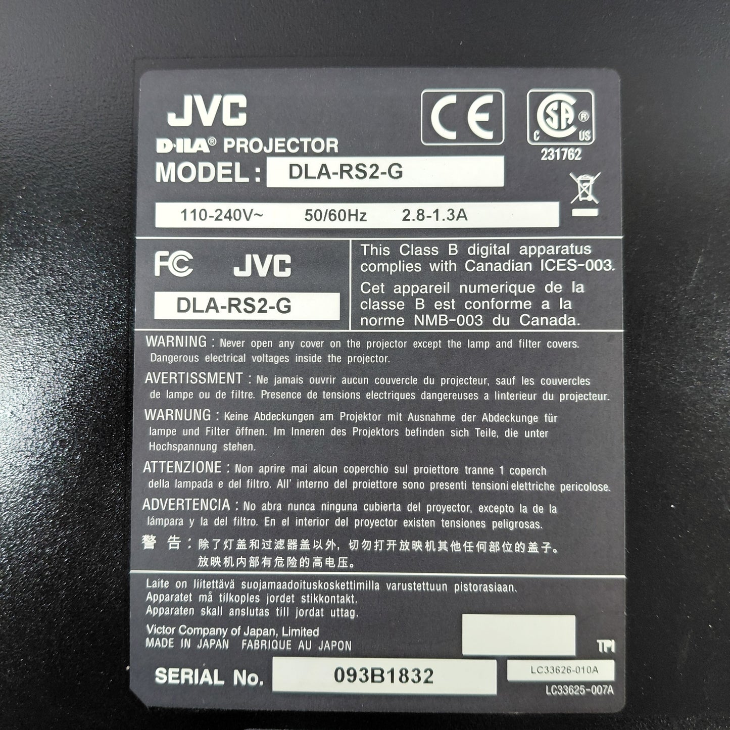 JVC D-ILA Full HD 1080P 600 Lumens DLP Projector DLA-RS2