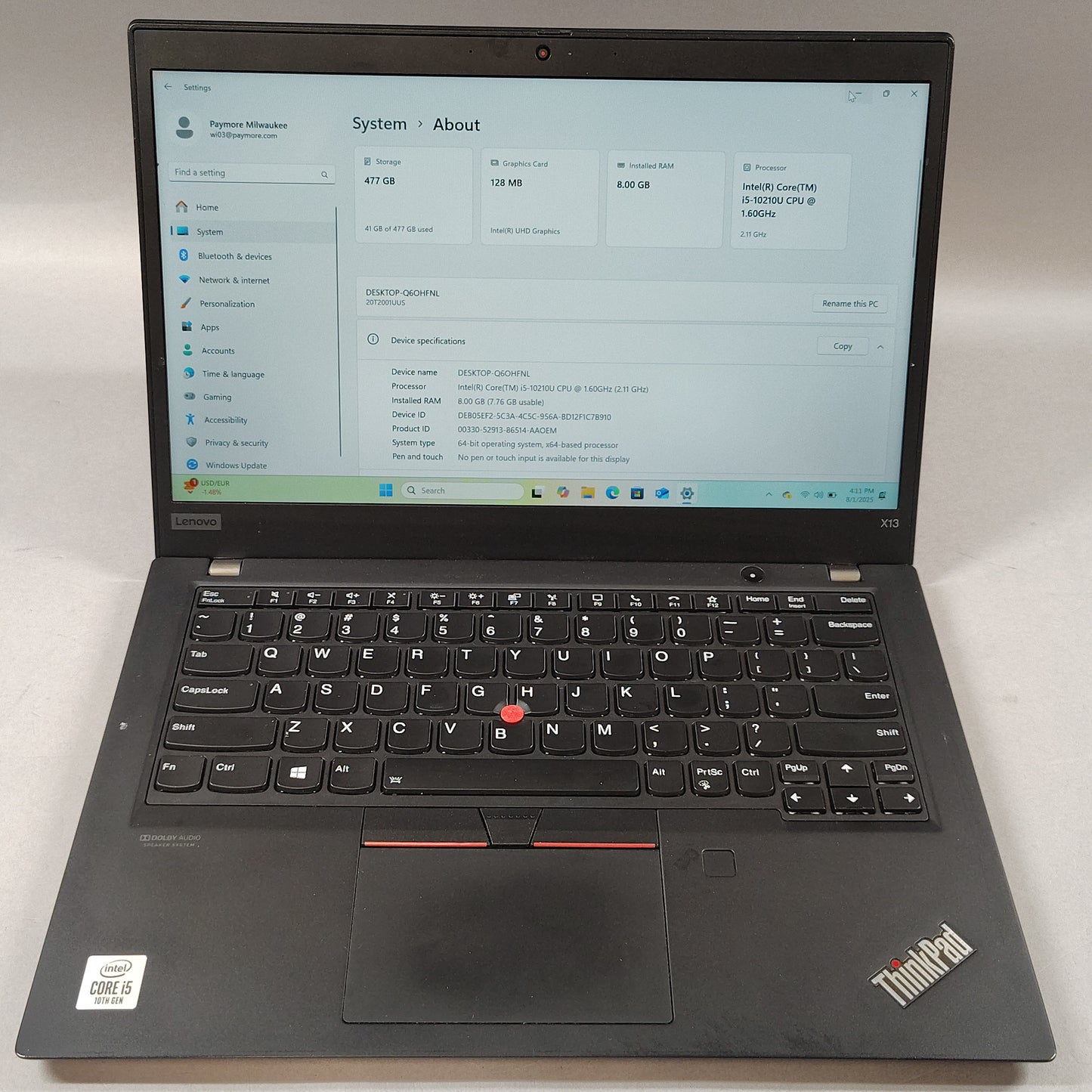 Lenovo ThinkPad X13 11" i5-10310U 2.1GHz 8GB RAM 512GB