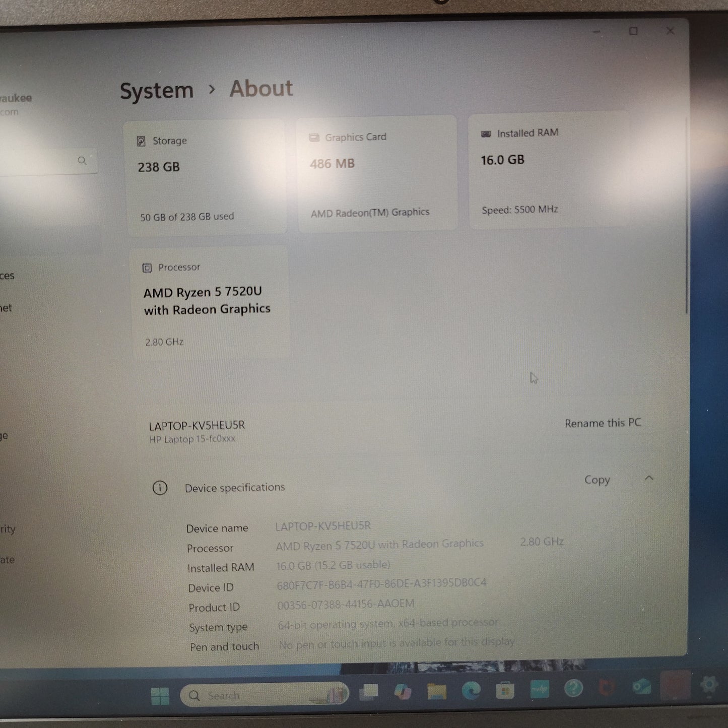 HP Ryzen 5 7520u 2.8GHz 16GB RAM 238GB SSD Radeon Graphics