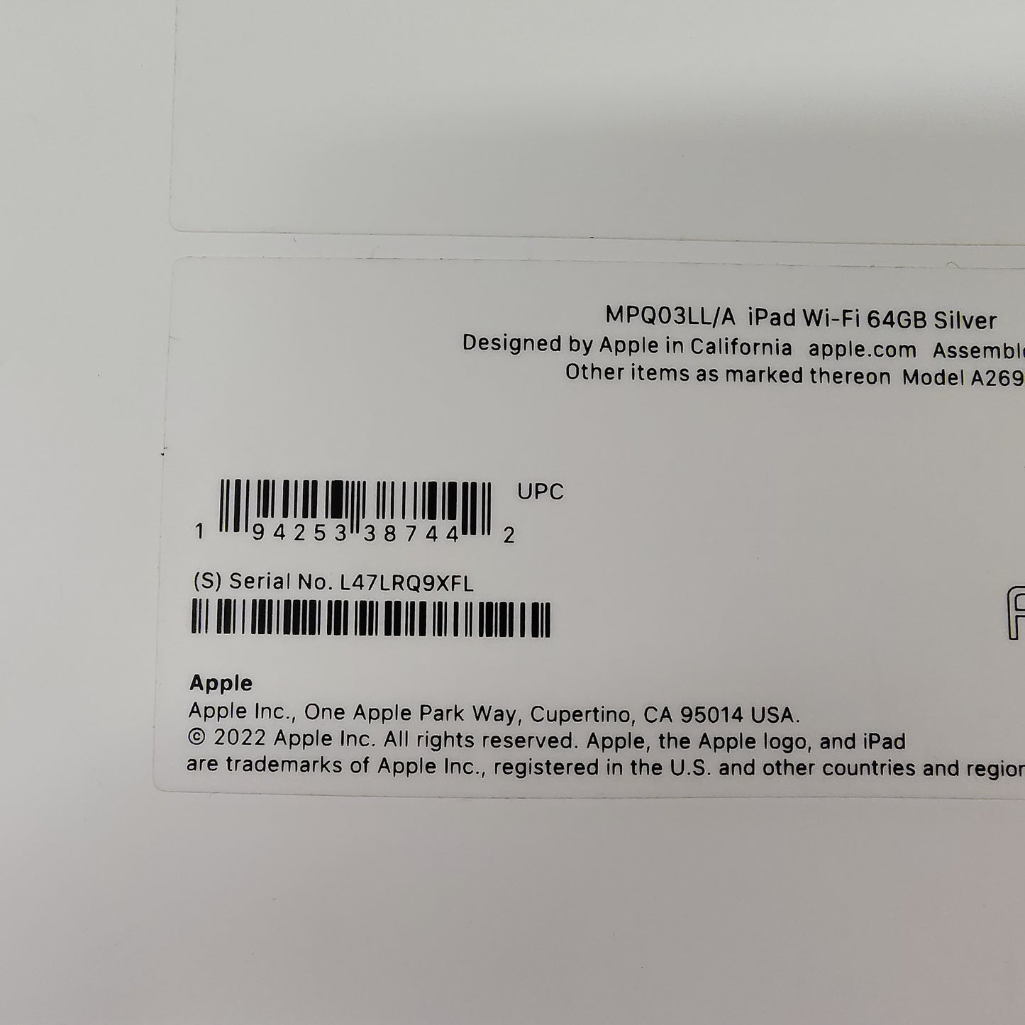 WiFi Only Apple iPad 10th Gen 64GB 18.6 SILVER MPQ03LL/A