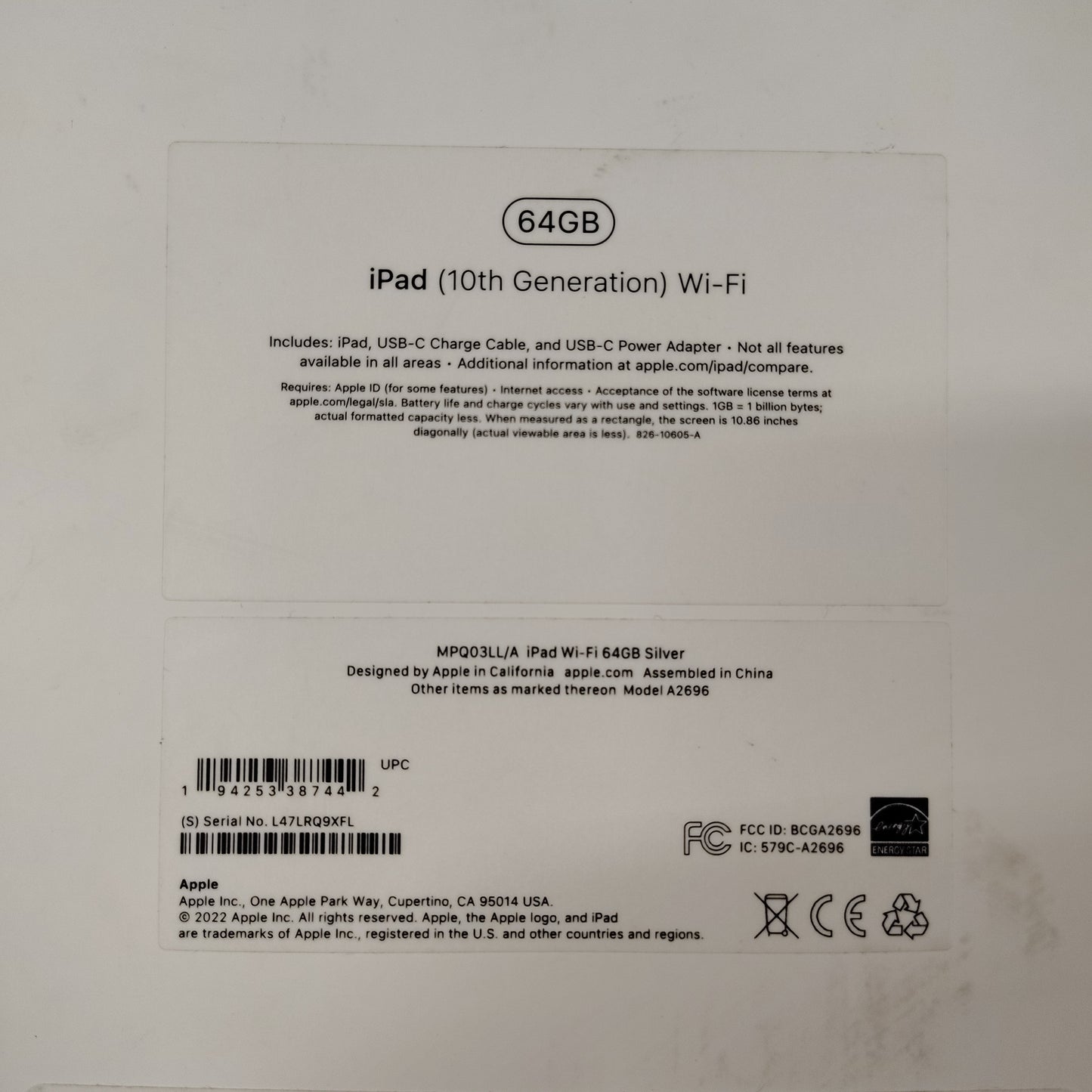 WiFi Only Apple iPad 10th Gen 64GB 18.6 SILVER MPQ03LL/A