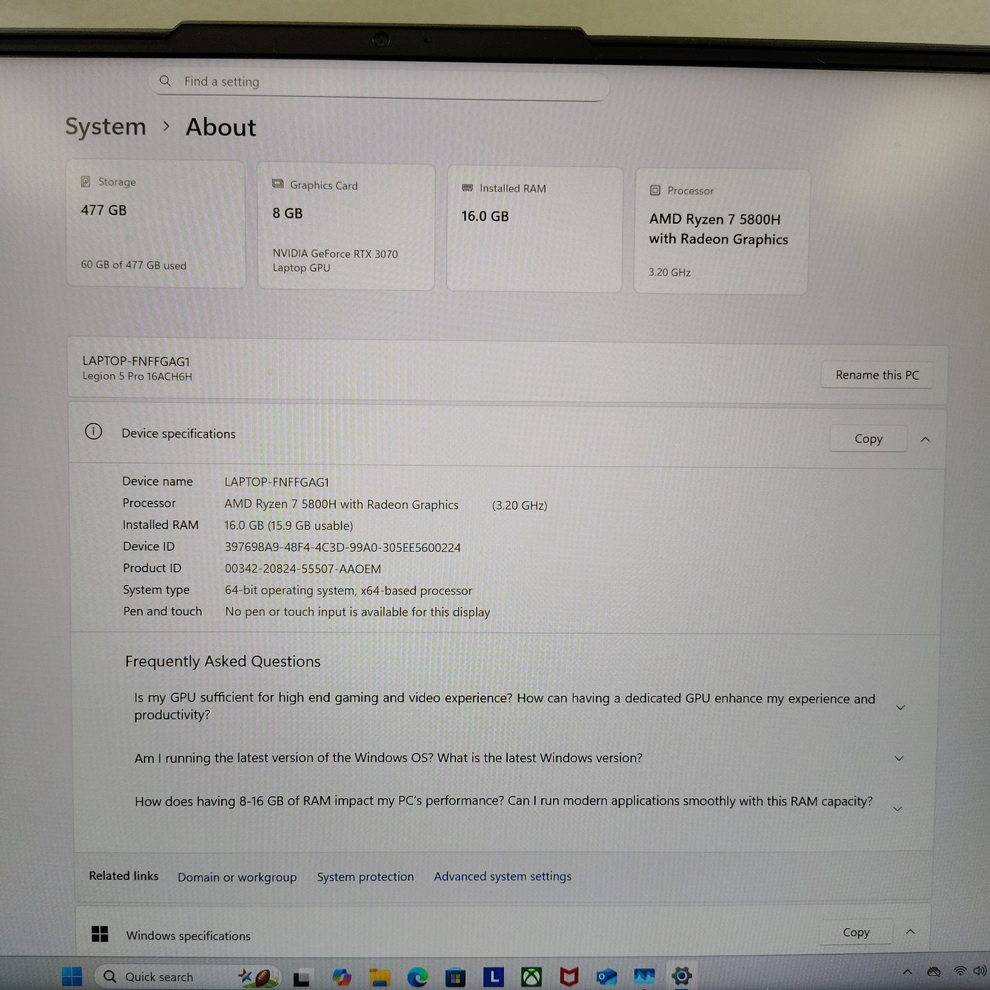 Lenovo Legion 16" Ryzen 7 5800H 3.2GHz 16GB RAM 500GB SSD GeForce RTX 3070