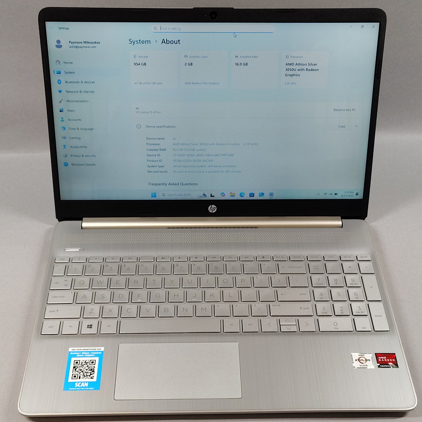 HP Laptop 15-EF1072WM AMD Athlon 3150C 16GB RAM 1TB Radeon Graphics