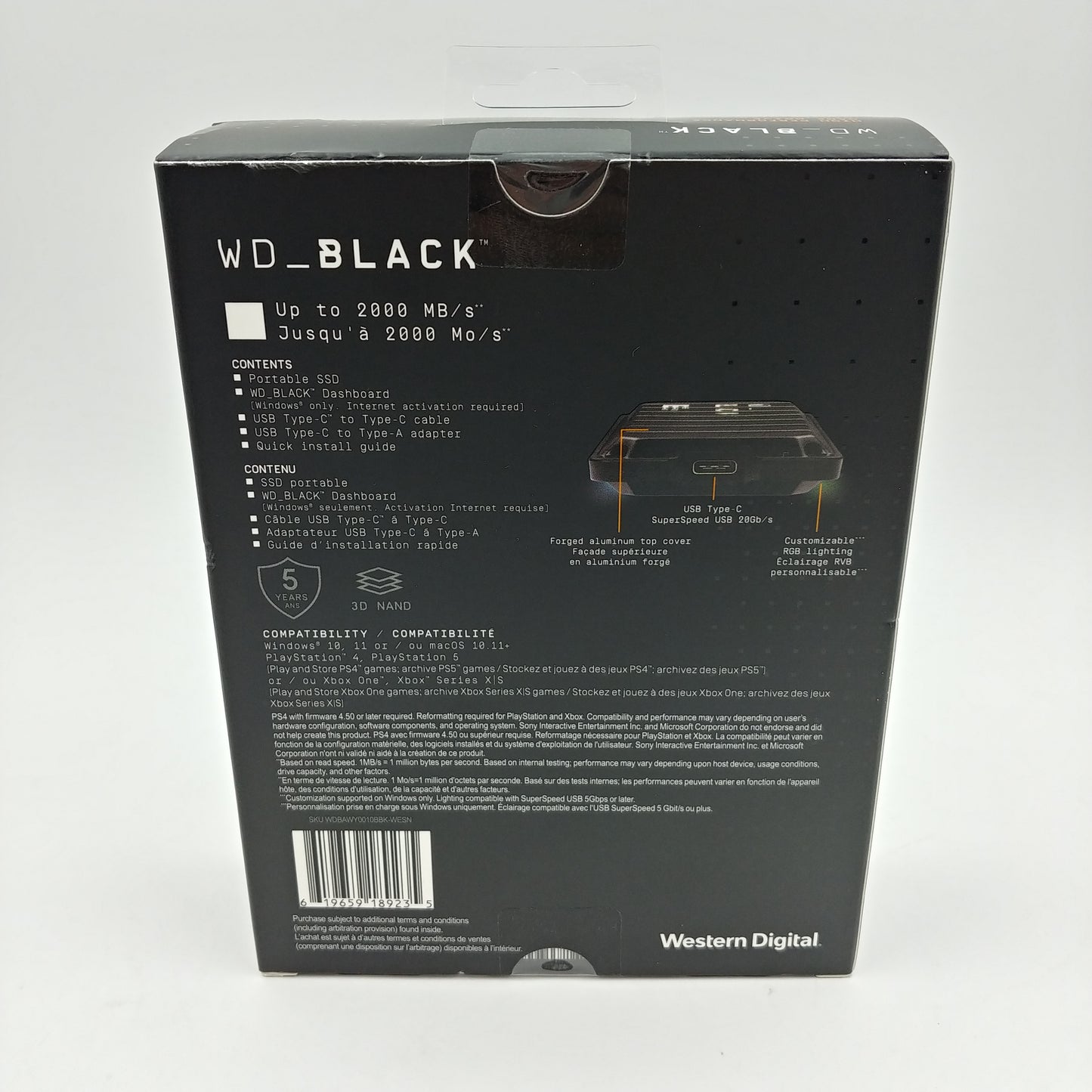 New Western Digital WD Portable WD-BLACK P40 1TB USB-C SSD WDBAWY0010BBK