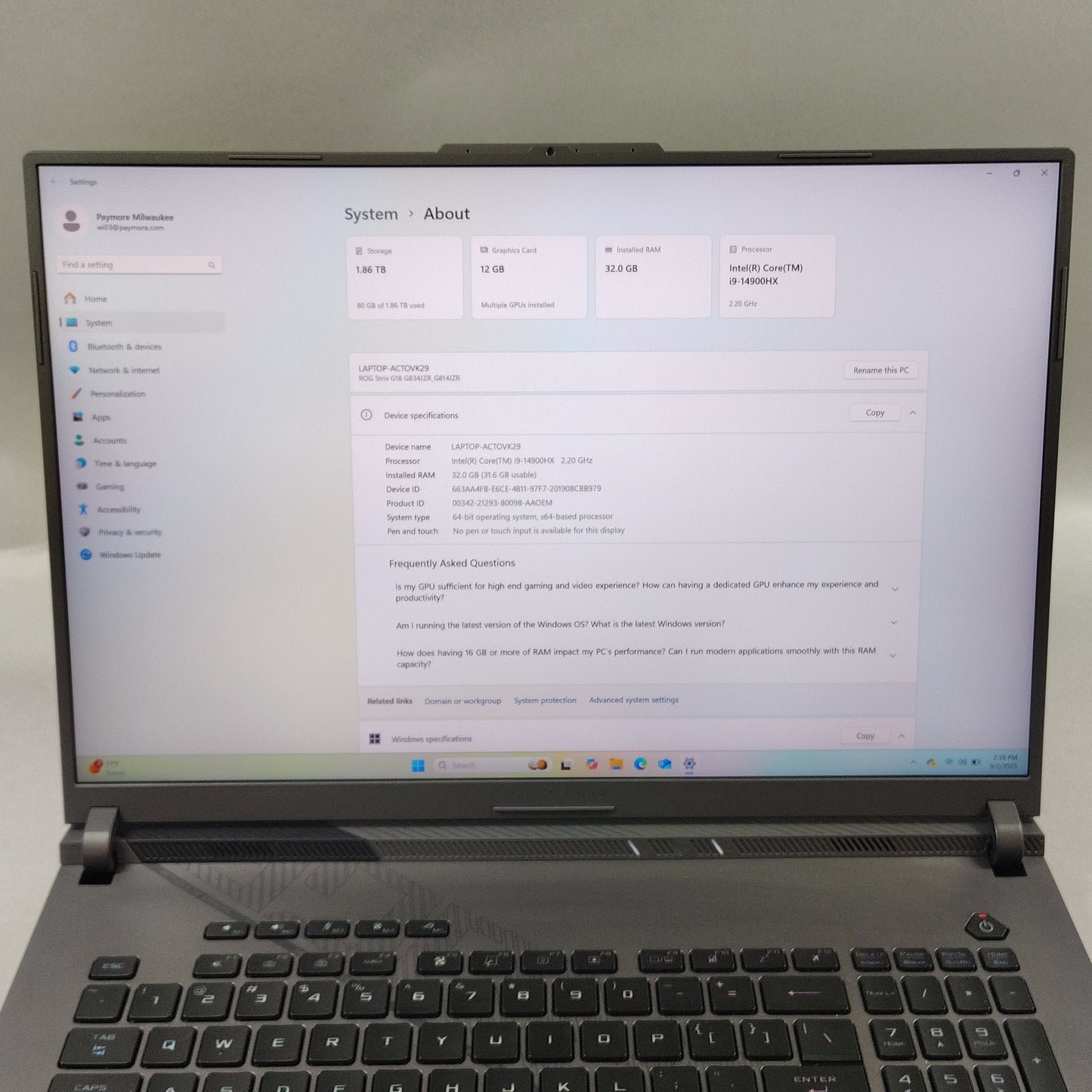 ASUS ROG STRIX G814 13.9" i9-14900HX 2.2GHz 32GB RAM 2TB SSD GeForce RTX 3070