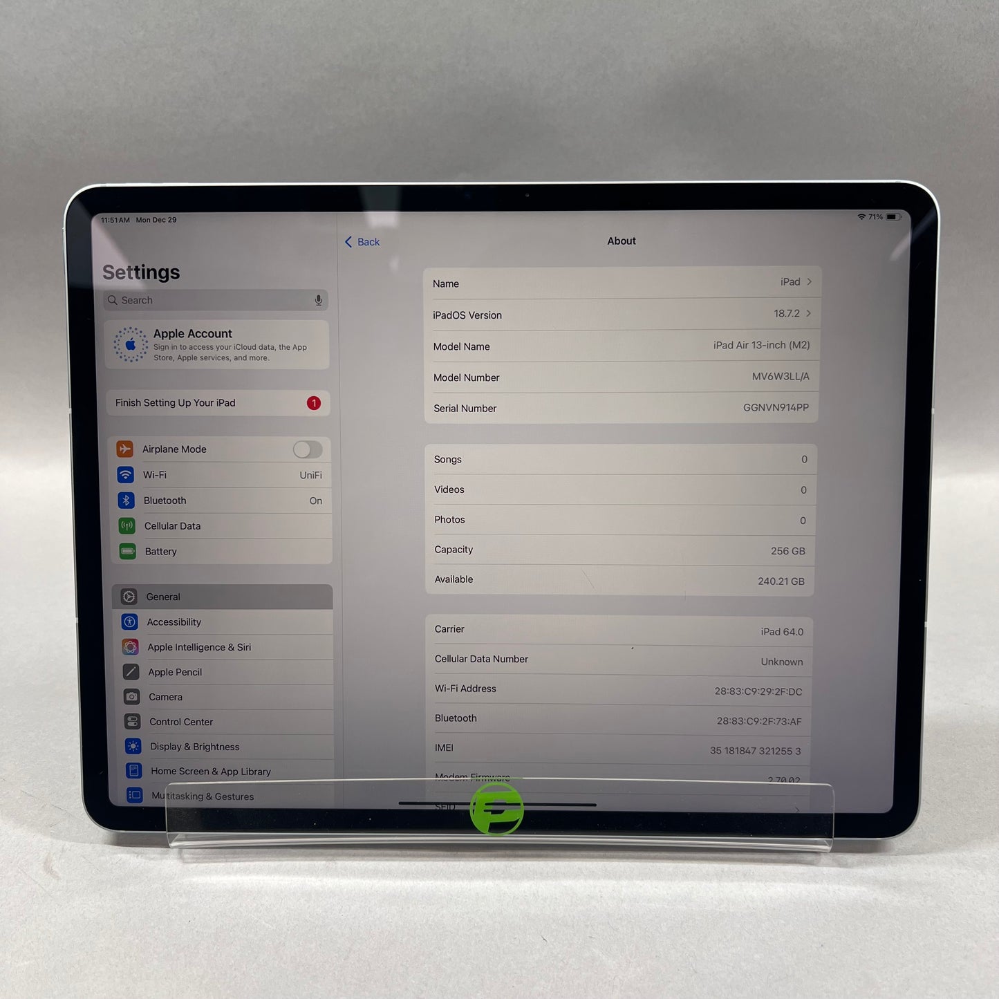 Unlocked Apple iPad Air 13" M2 256GB Blue MV6W3LL/A