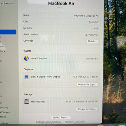 2022 Apple MacBook Air 13.6" M2 8 Core 3.5GHz 8GB RAM 256GB SSD A2681