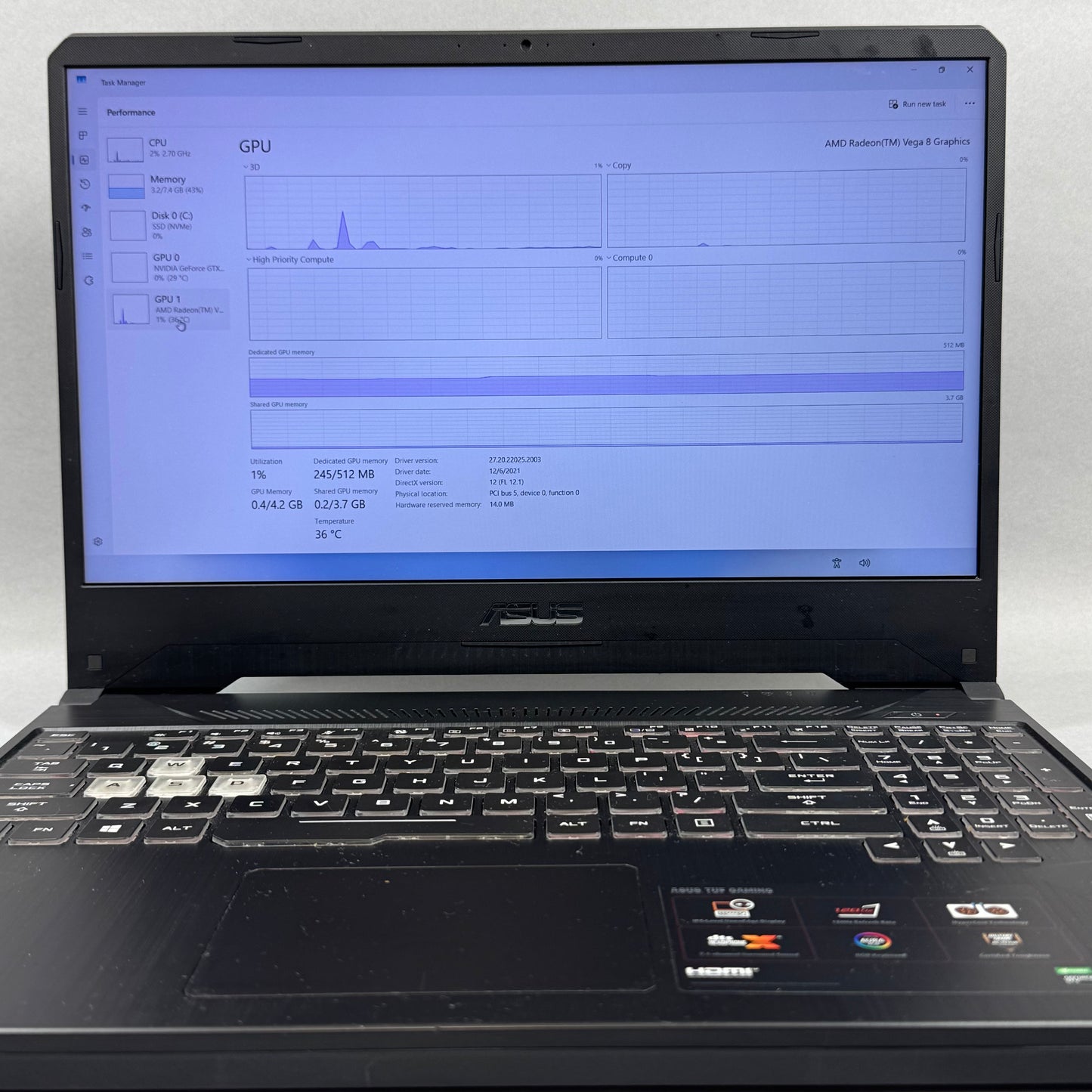 Asus FX505DT 15.6" Ryzen 5 3550H 2.1GHz 8GB RAM 256gb SSD GeForce GTX-1650