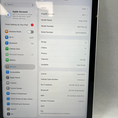 Unlocked Apple iPad 11" (A16) 128GB Silver MD7F4LL/A