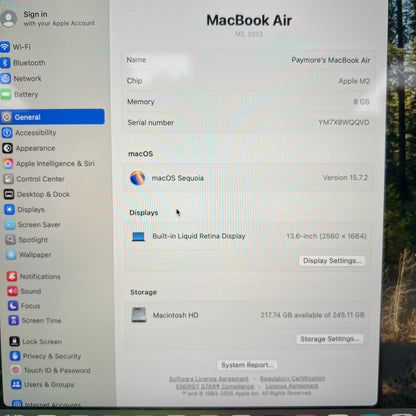 2022 Apple MacBook Air 13.6" M2 3.5GHz 8GB RAM 256GB SSD Space Gray A2681