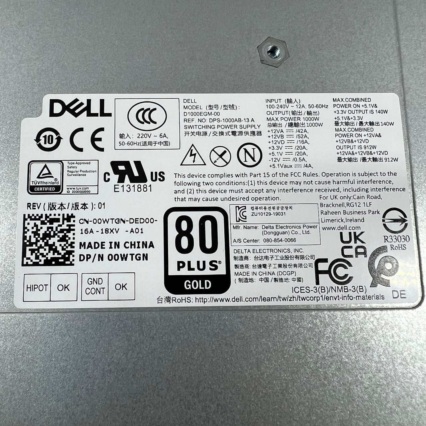 Dell D1000EGM-00 80 Plus Gold 1000W Fully Modular Power Supply