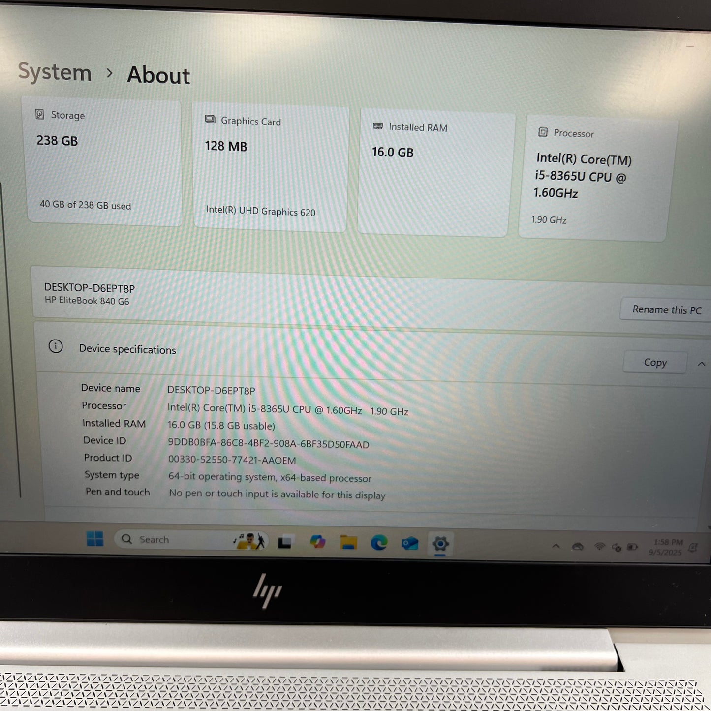 HP EliteBook  i5-8365U 1.6GHz 16GB RAM 250GB