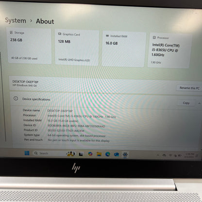 HP EliteBook  i5-8365U 1.6GHz 16GB RAM 250GB