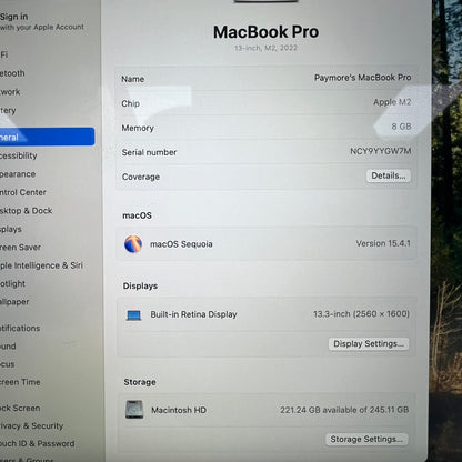 2022 Apple MacBook Pro 13.3" M2 10C GPU 3.5GHz 8GB RAM 256GB SSD A2338