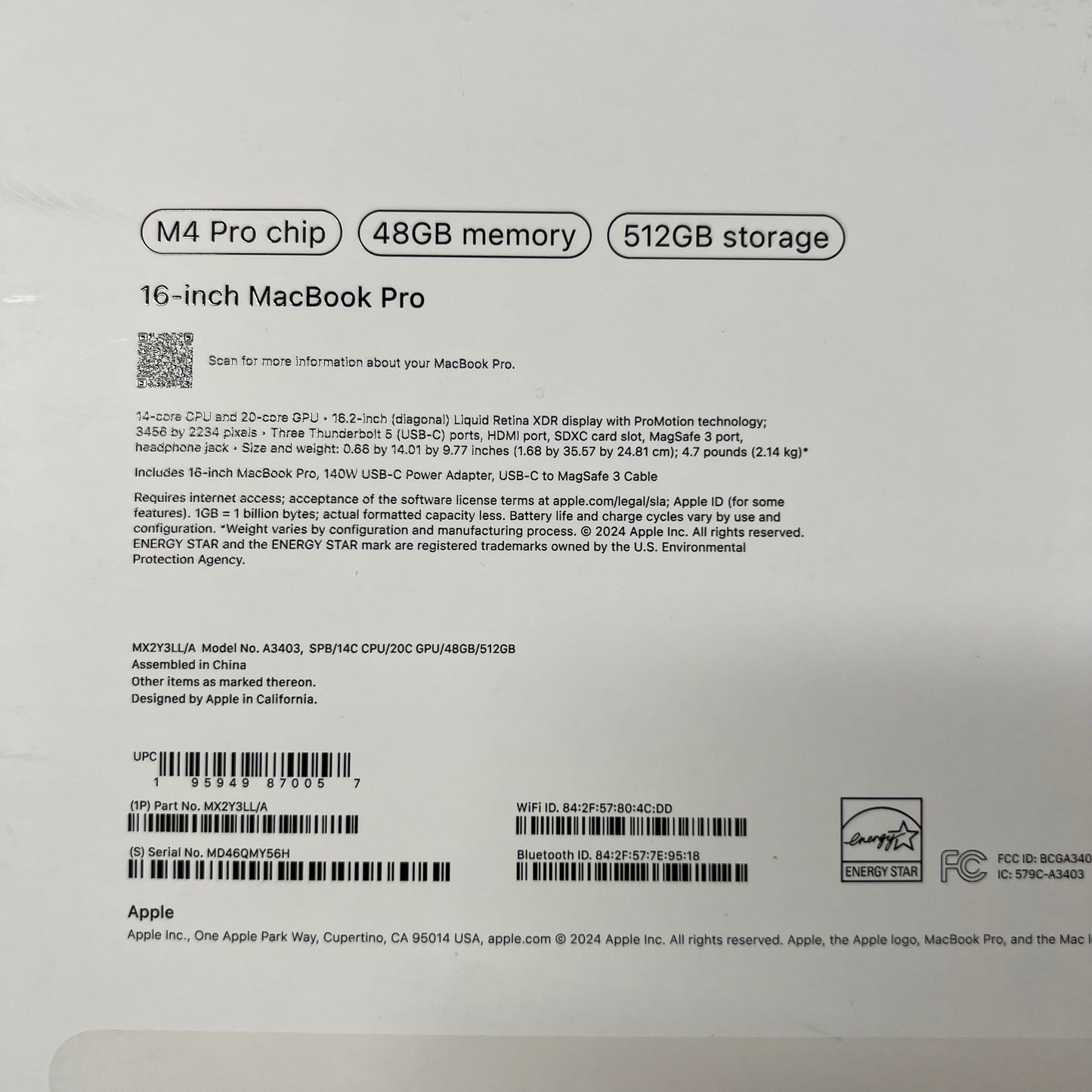 2024 Apple MacBook Pro 16" M4 Pro 20 Core 4.5GHz 48GB RAM 512GB SSD A3403