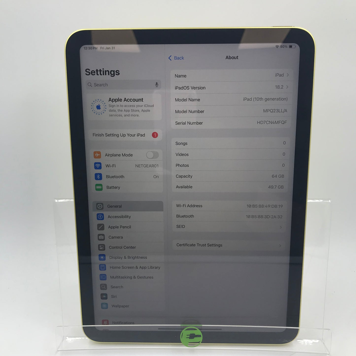 WiFi Only Apple iPad 10th Gen 64GB 18.2 YELLOW A2696