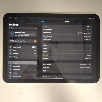 WiFi Only Apple iPad 10th Gen 64GB 18.6 SILVER MPQ03LL/A
