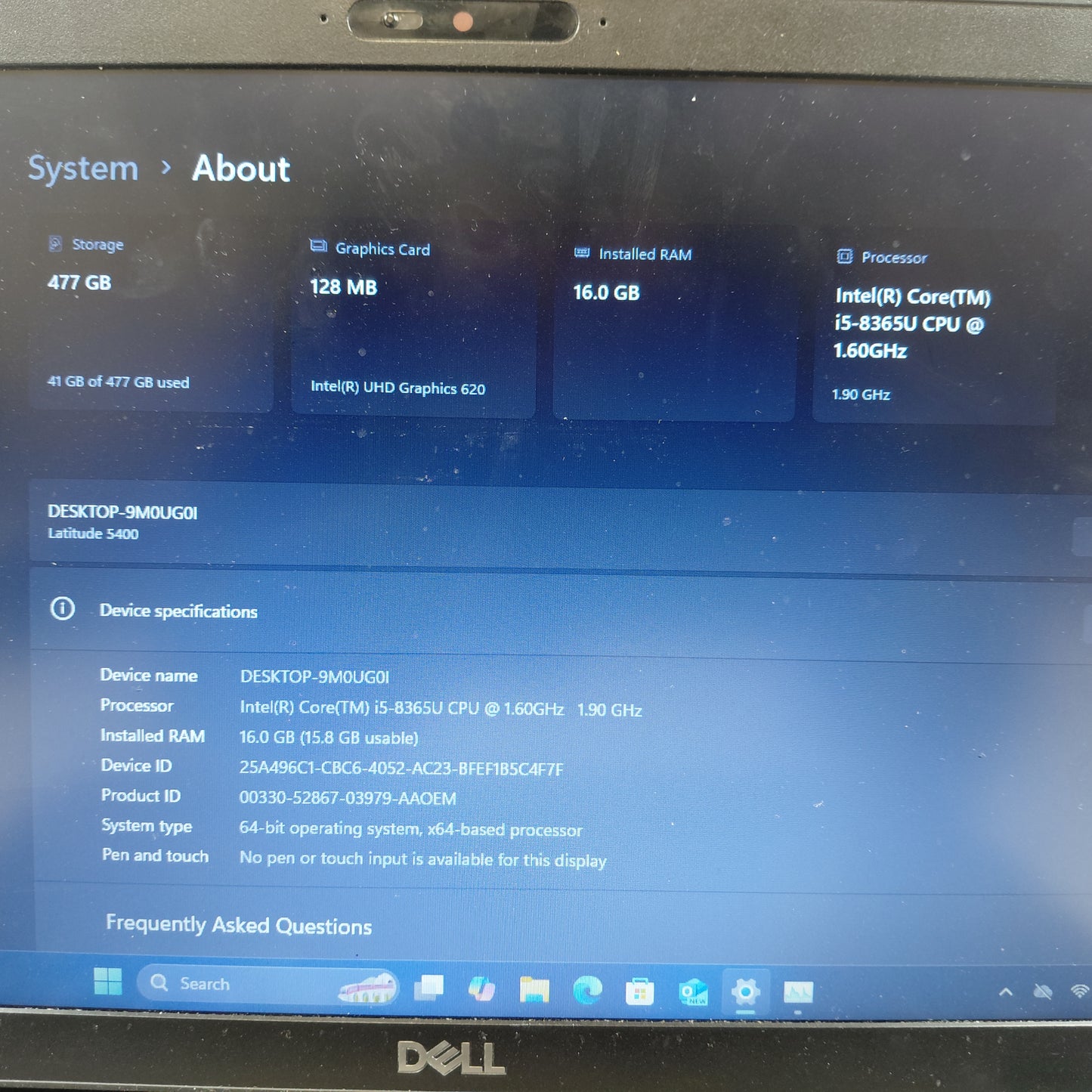 Dell Latitude 5400 14" i5-8365U  1.9GHz 16GB RAM 500GB SSD