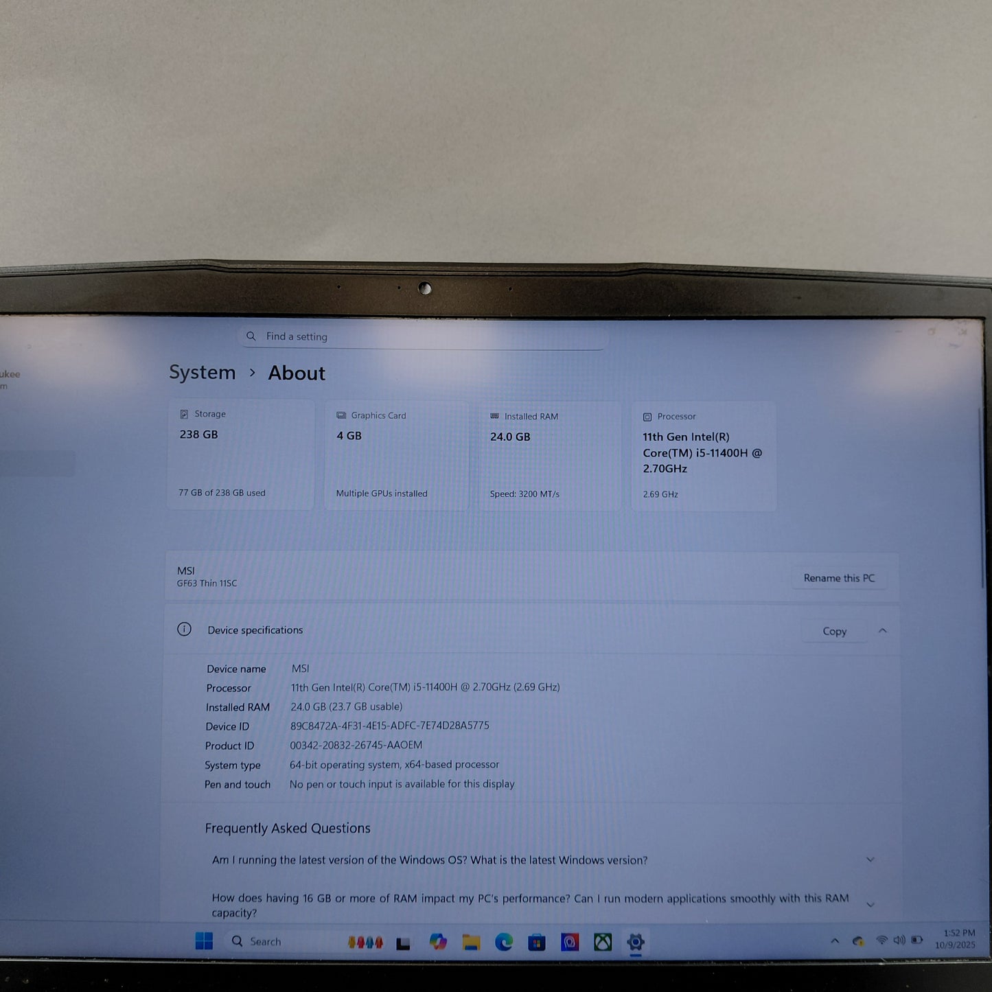 MSI Thin GF63 16" i5-11400U 2.7GHz 24GB RAM 256GB SSD GeForce GTX 1650