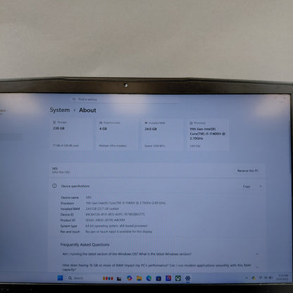 MSI Thin GF63 16" i5-11400U 2.7GHz 24GB RAM 256GB SSD GeForce GTX 1650
