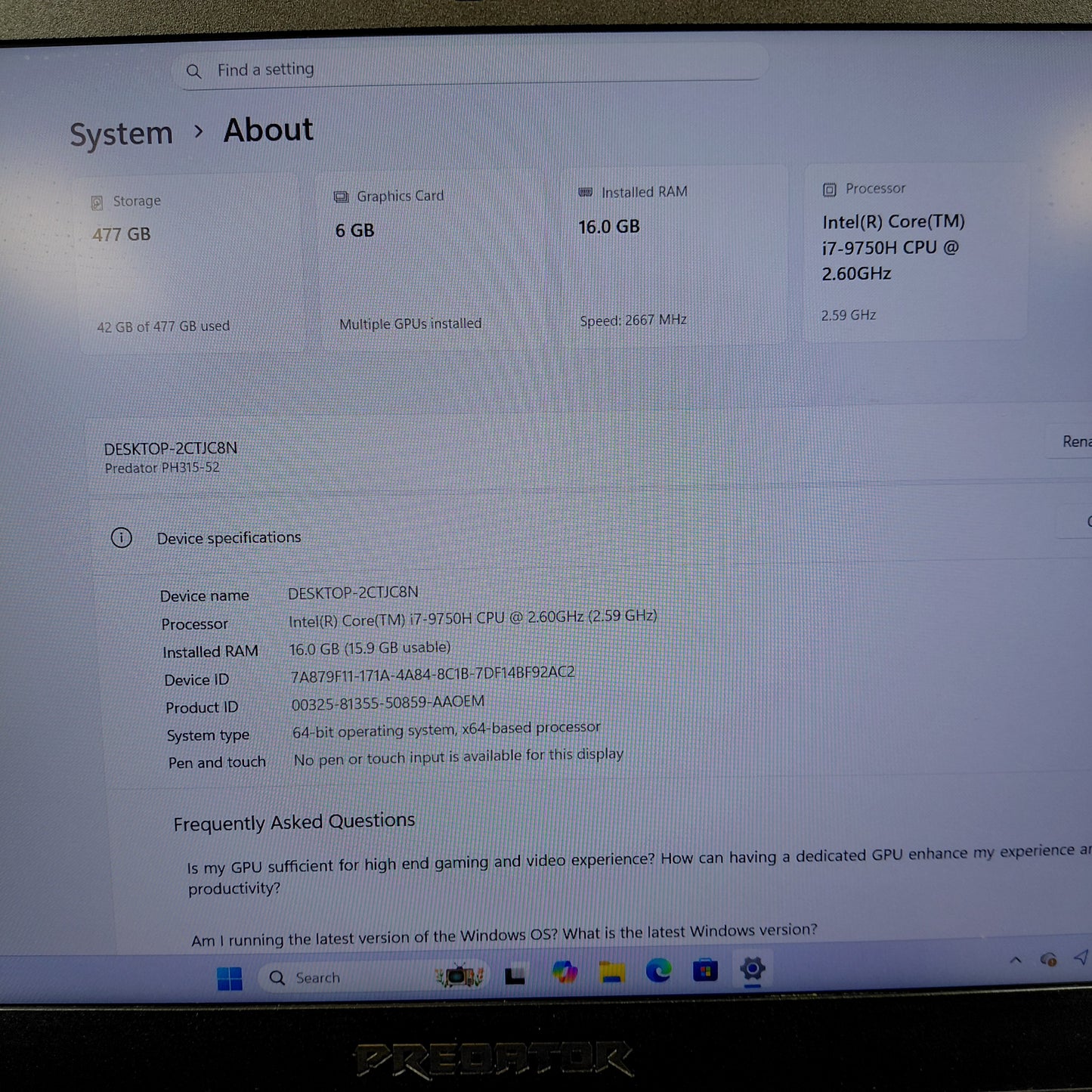 Acer Predator Helios 300 N18L2 i7-9750H 16GB RAM 512GB SSD GeForce RTX 2060