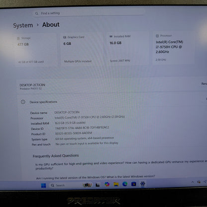 Acer Predator Helios 300 N18L2 i7-9750H 16GB RAM 512GB SSD GeForce RTX 2060