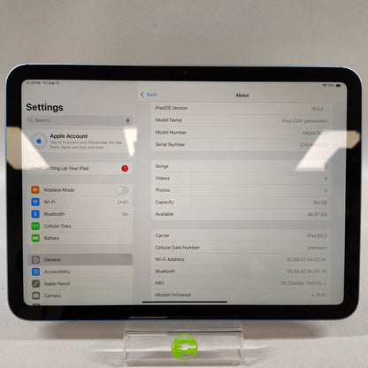 WiFi Only Apple iPad 10th Gen 64GB Blue MQ6K3LL/A