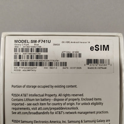 AT&T Samsung Galaxy Z Flip6 12GB RAM 256GB SM-F741U1 Aura Blue