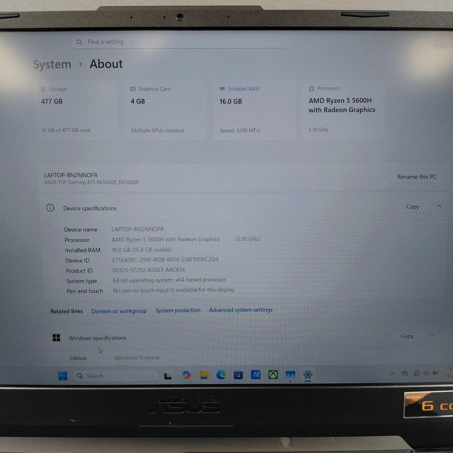 Asus TUF A15 16" Ryzen 5 5600H 3.3GHz 16GB RAM 500GB SSD GeForce RTX 3050 Ti