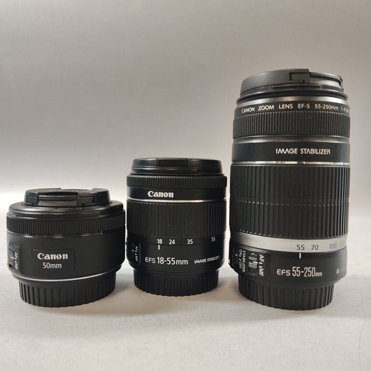Canon EF-S 18-55mm f4-5.6, 55-200mm f4-5.6, 50mm f1.8