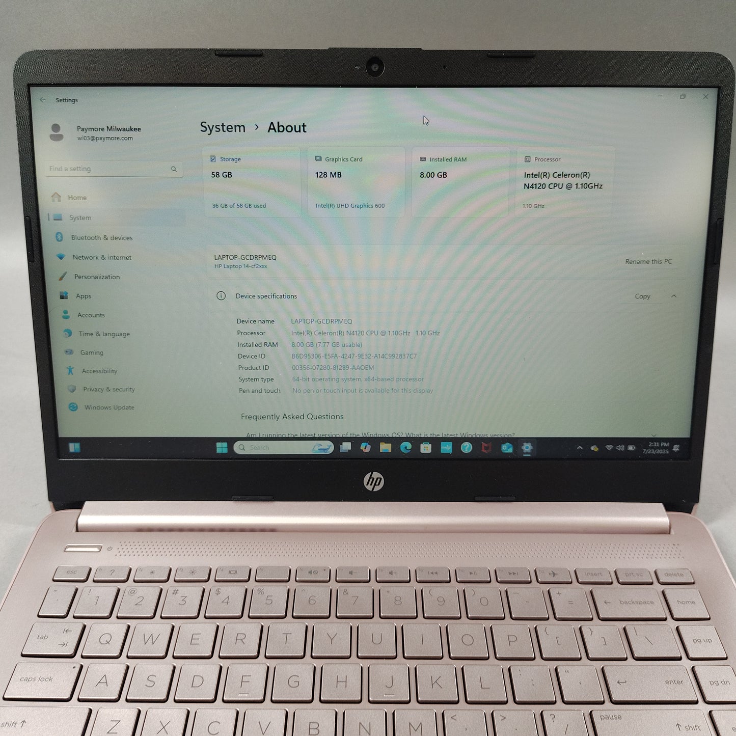 HP 14-cf2112wm 14" Celeron N4120 1.1GHz 8GB RAM 64GB