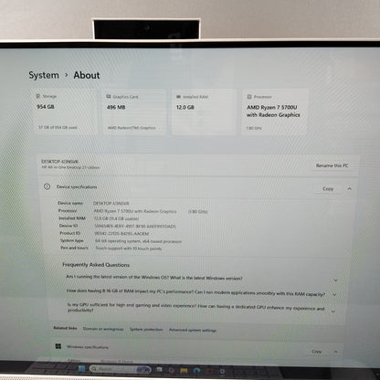 HP AIO 27" Ryzen 7 2.30GHz 12GB RAM Radeon Graphics