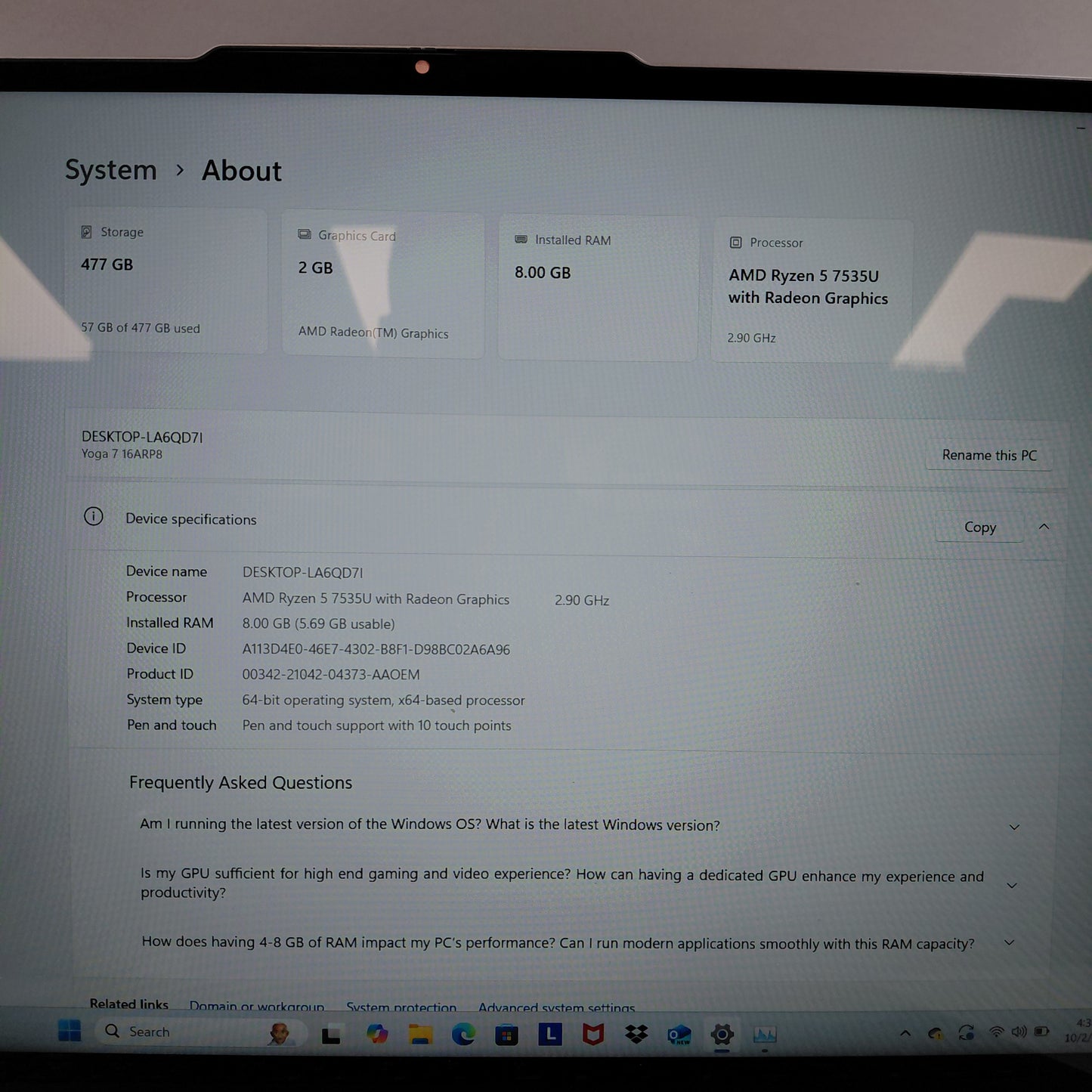 Lenovo Yoga 13S GEN 1 16" ryzen 5 7535u 2.9GHz 8GB RAM 512GB SSD n/a
