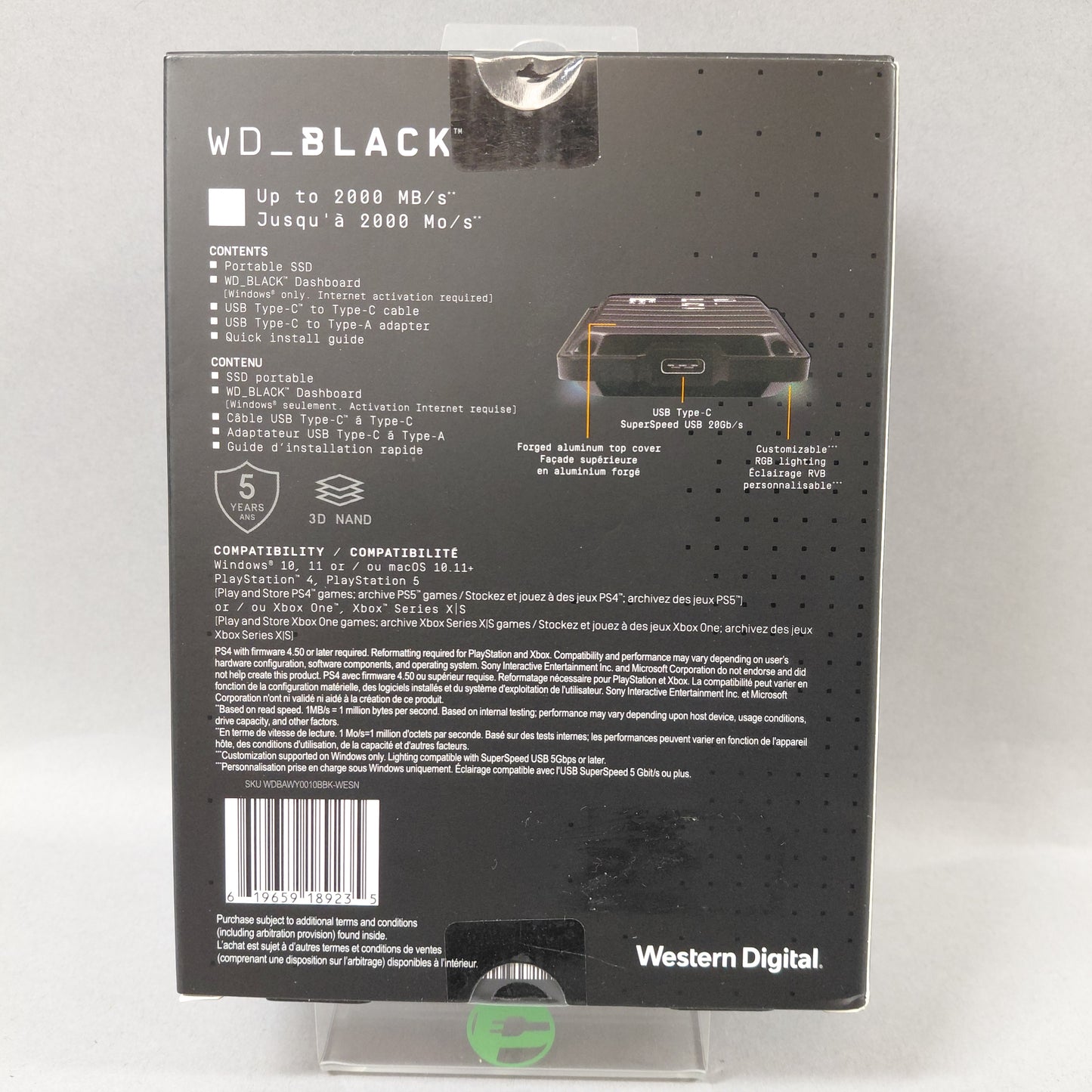New Western Digital WD 2.5" WD-BLACK P40 1TB USB-B to USB-A SSD