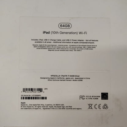 WiFi Only Apple iPad 10th Gen 64GB 18.6 SILVER MPQ03LL/A