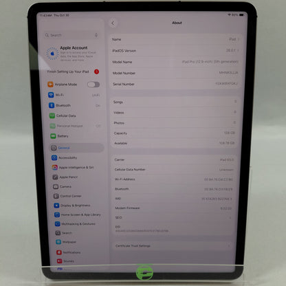 Unlocked Apple iPad Pro 12.9" 5th Gen 128GB Space Gray MHNR3LL/A